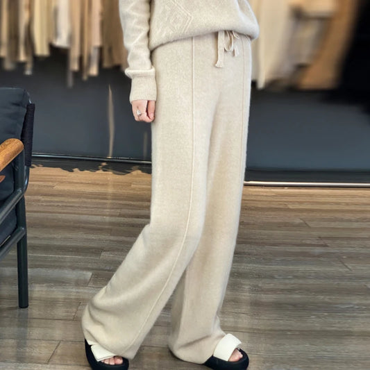 Casual Thick Knitted Elastic High Waist Loose Wide Leg Long Striped Pants