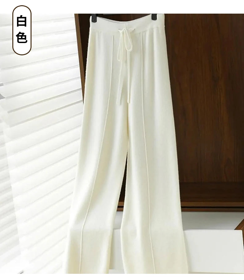 Casual Thick Knitted Elastic High Waist Loose Wide Leg Long Striped Pants