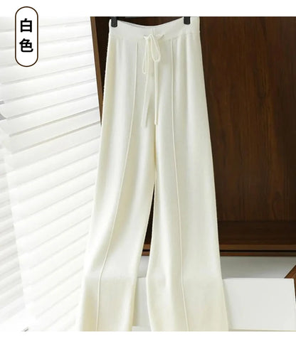 Casual Thick Knitted Elastic High Waist Loose Wide Leg Long Striped Pants