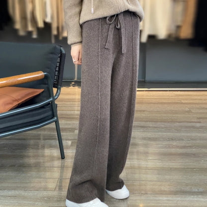 Casual Thick Knitted Elastic High Waist Loose Wide Leg Long Striped Pants