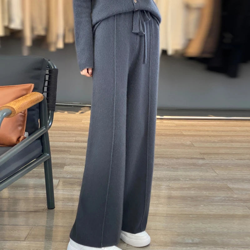 Casual Thick Knitted Elastic High Waist Loose Wide Leg Long Striped Pants