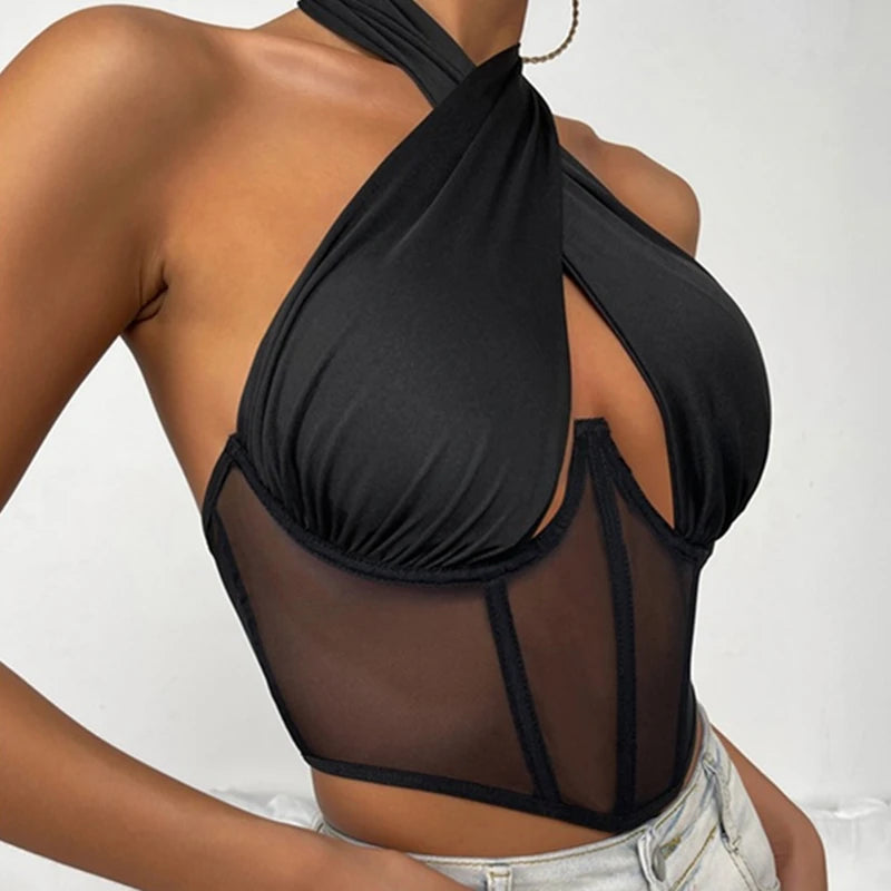 Fashion Sexy Hollow Tie-Up Halter Sleeveless Backless See-Through Mesh Stylish Elegant Trendy Crop Top