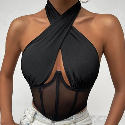 Fashion Sexy Hollow Tie-Up Halter Sleeveless Backless See-Through Mesh Stylish Elegant Trendy Crop Top