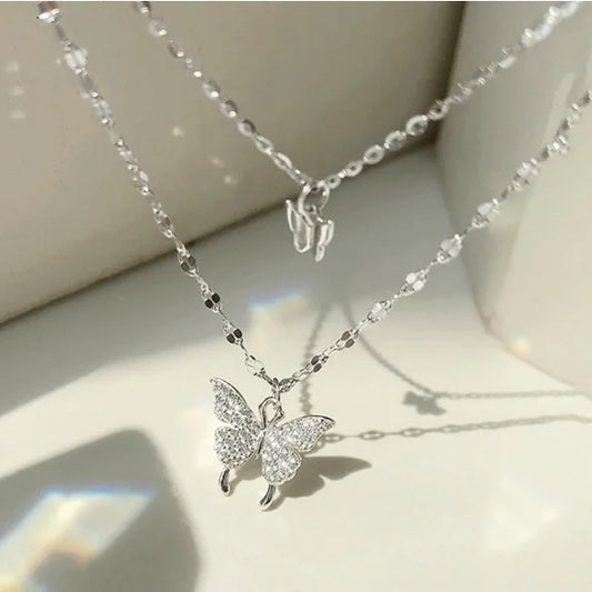 Crystal Butterfly Double Layer Clavicle Jewelry Ladies Gift Shiny Necklace