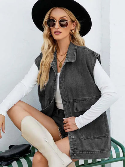 2024 Autumn Denim Vest Women Vest Sleeveless Jacket Women Black Long Waistcoat Coat