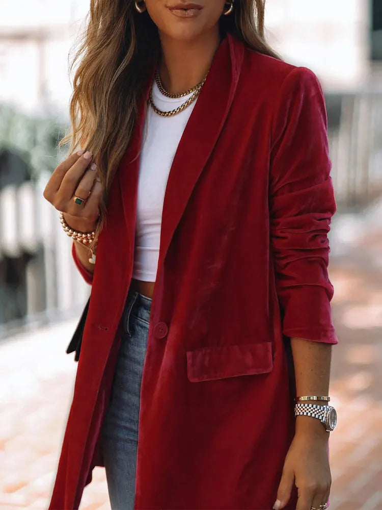 2024 Autumn Velvet Blazer Women Long Female Jacket Red Blazer Coat