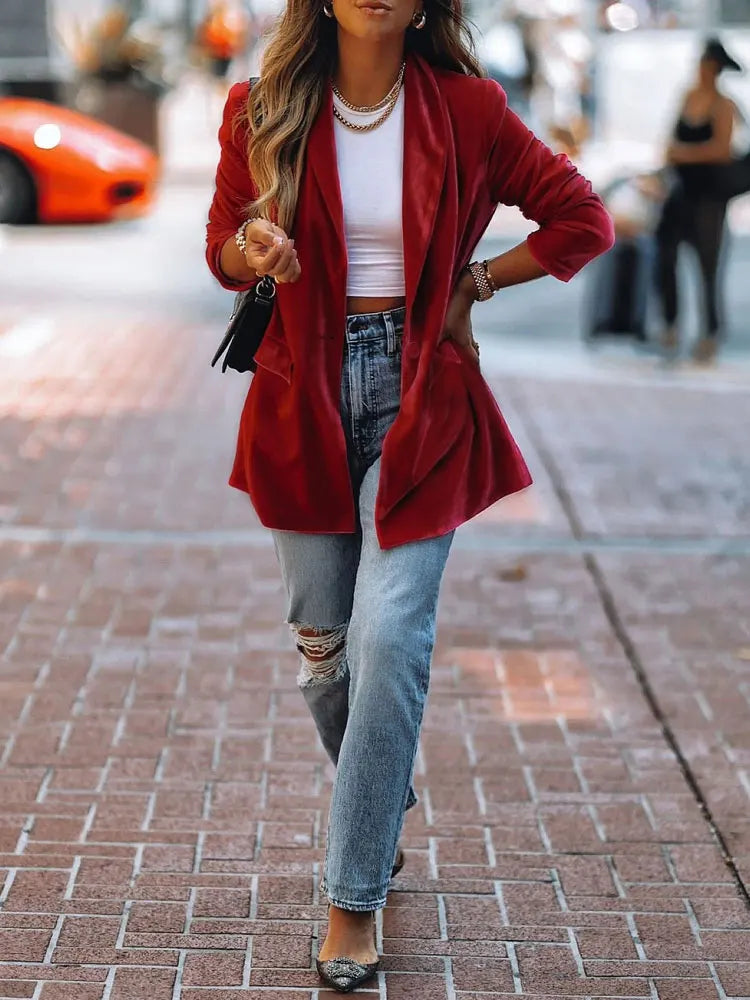 2024 Autumn Velvet Blazer Women Long Female Jacket Red Blazer Coat