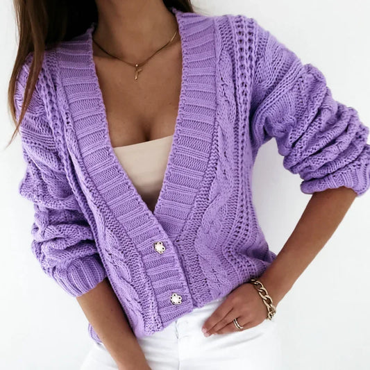2024 Autumn New Women Cropped Cardigan V-neck Button Twist Knitted Tops Coat