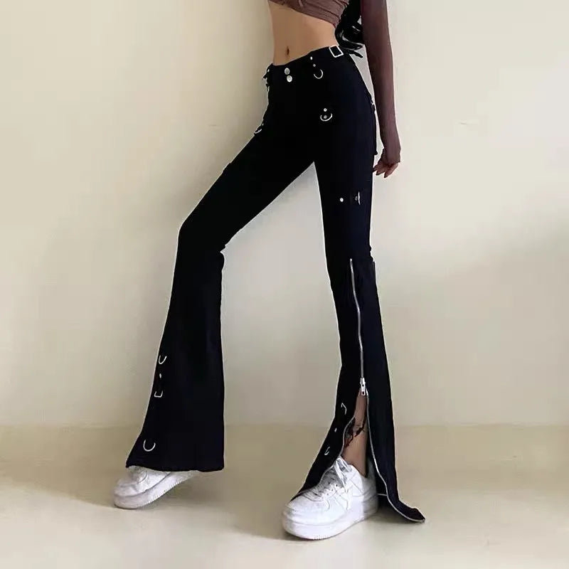 Dark Zipper Streetwear Flare Halloween Y2K Slim Ankle Pants