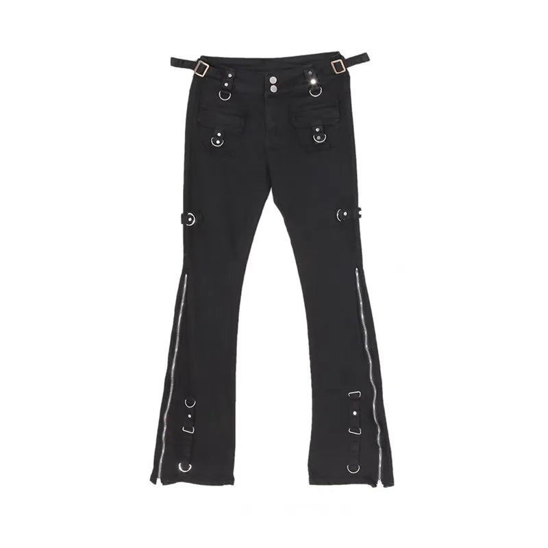 Dark Zipper Streetwear Flare Halloween Y2K Slim Ankle Pants