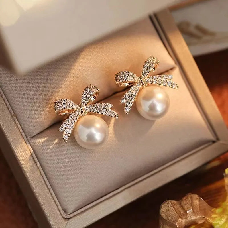 New Exquisite Bow Pearl Pendant Versatile Elegant Korean Earring