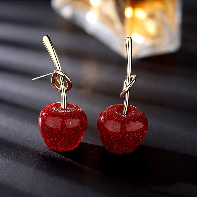 New Korean Cute Needle Red Cherry Apple Girl Heart Personality Forest Fruit Wholesale 2024 Earring