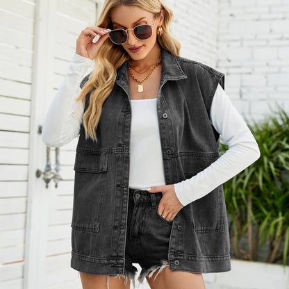 2024 Summer New Women Lapel Denim Vest Fashion Casual Jeans Jacket Street Trend Coat