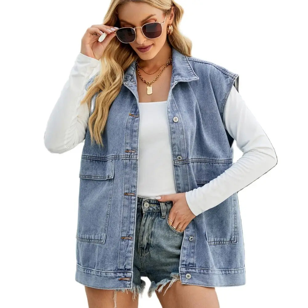 2024 Summer New Women Lapel Denim Vest Fashion Casual Jeans Jacket Street Trend Coat