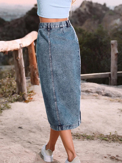 A-line Side Split Midi Jean Skirt for Office Lady with Button