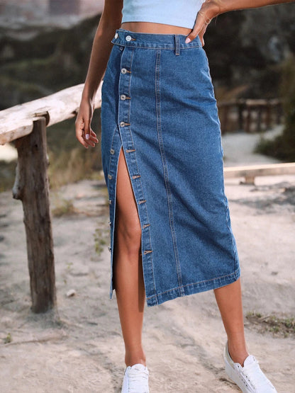 A-line Side Split Midi Jean Skirt for Office Lady with Button