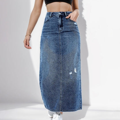 Fashion Side Split High Waist Straight Office Lady Black Blue Midi Jean Autumn Long Women's Skirt