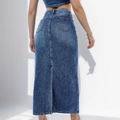 Fashion Side Split High Waist Straight Office Lady Black Blue Midi Jean Autumn Long Women's Skirt