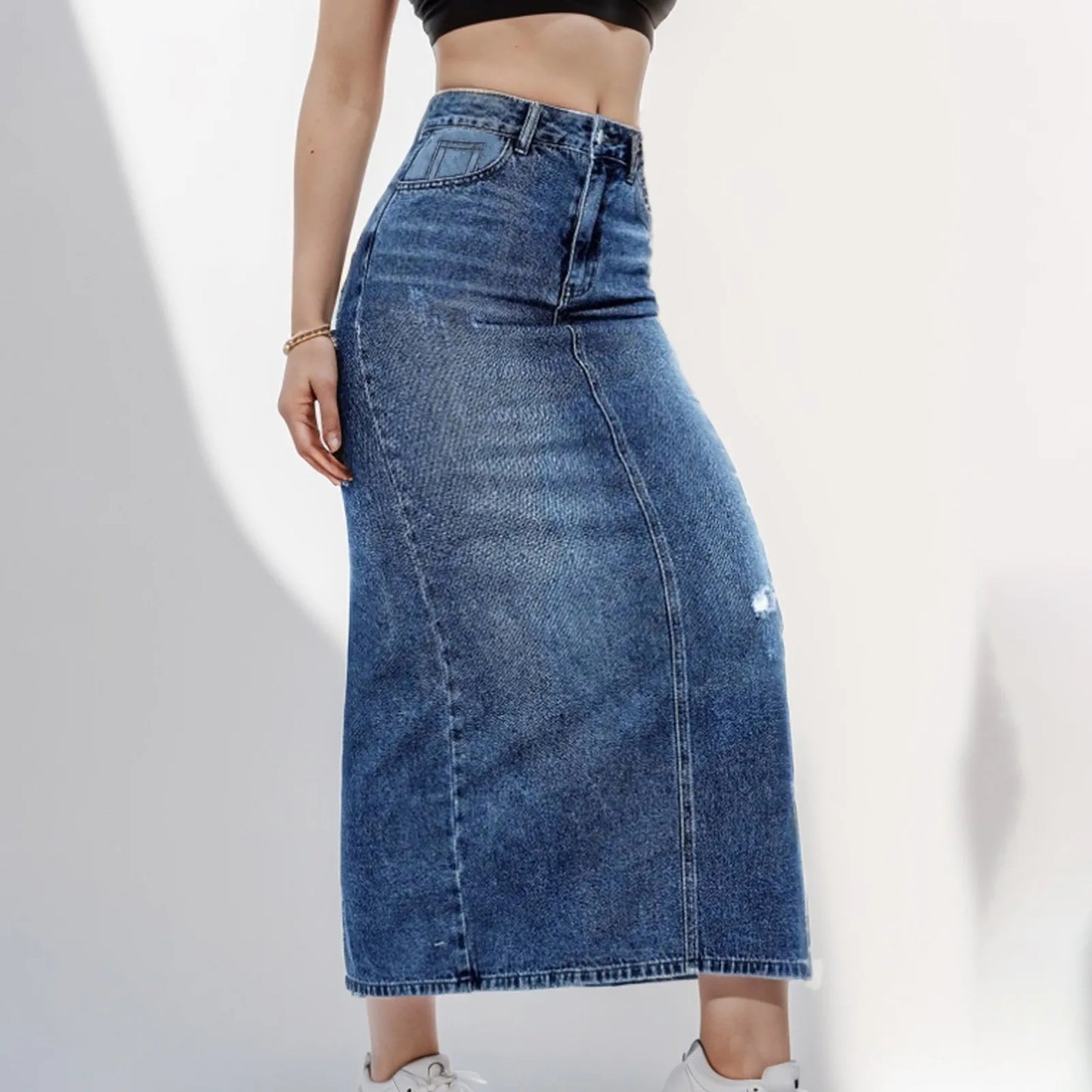 Fashion Side Split High Waist Straight Office Lady Black Blue Midi Jean Autumn Long Women's Skirt