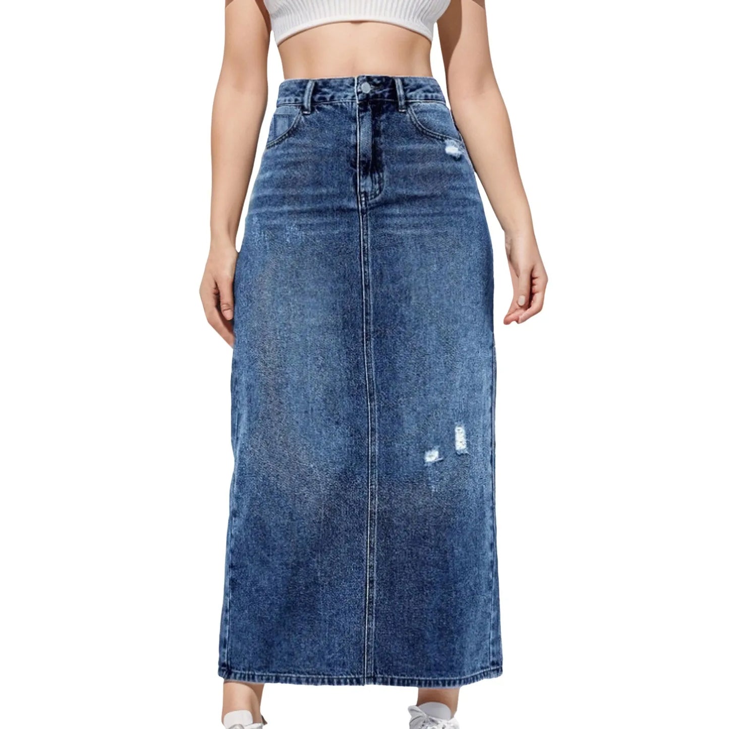 Fashion Side Split High Waist Straight Office Lady Black Blue Midi Jean Autumn Long Women's Skirt