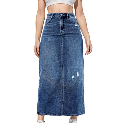 Fashion Side Split High Waist Straight Office Lady Black Blue Midi Jean Autumn Long Women's Skirt