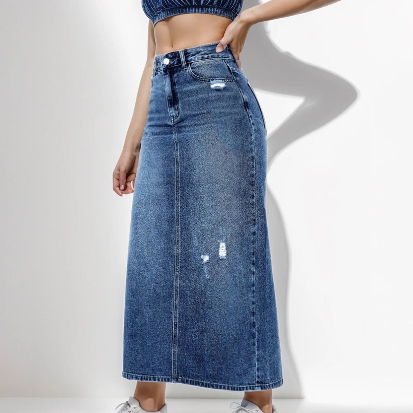 Fashion Side Split High Waist Straight Office Lady Black Blue Midi Jean Autumn Long Women's Skirt