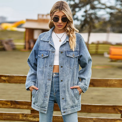 Classic Denim Jacket Women Fashion Loose Mid Length Jeans Casual Female Coat