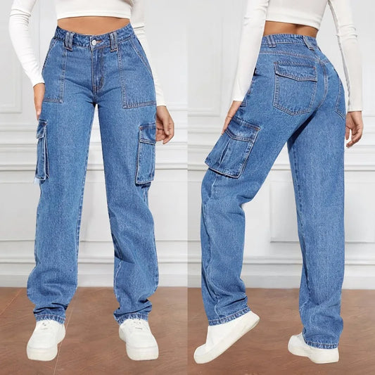 2024 Blue Autumn Cargo Women High Waist Button Pocket Loose Denim Pants High Quality Fashion Female Cowboy Jeans