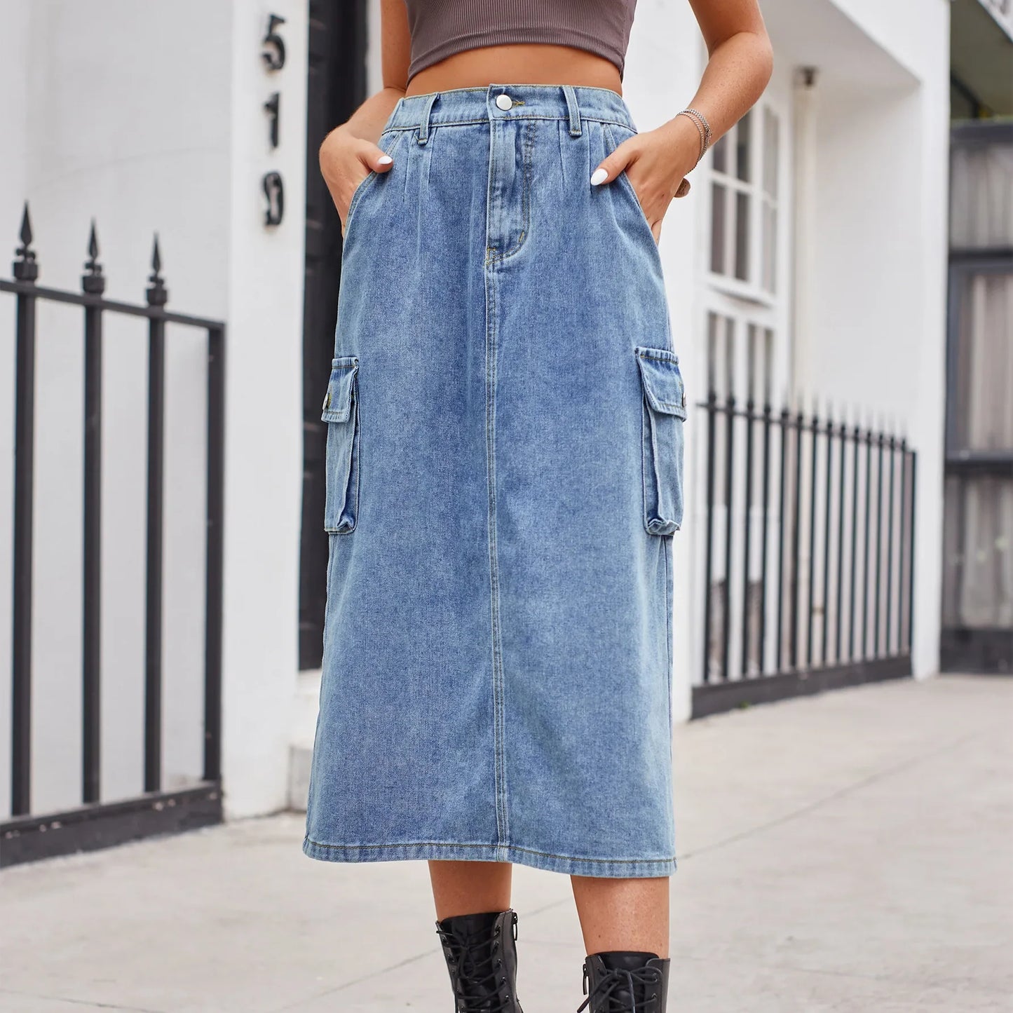 2024 Elegant Long Denim High Waist Button Pockets Split Retro Maxi Skirt