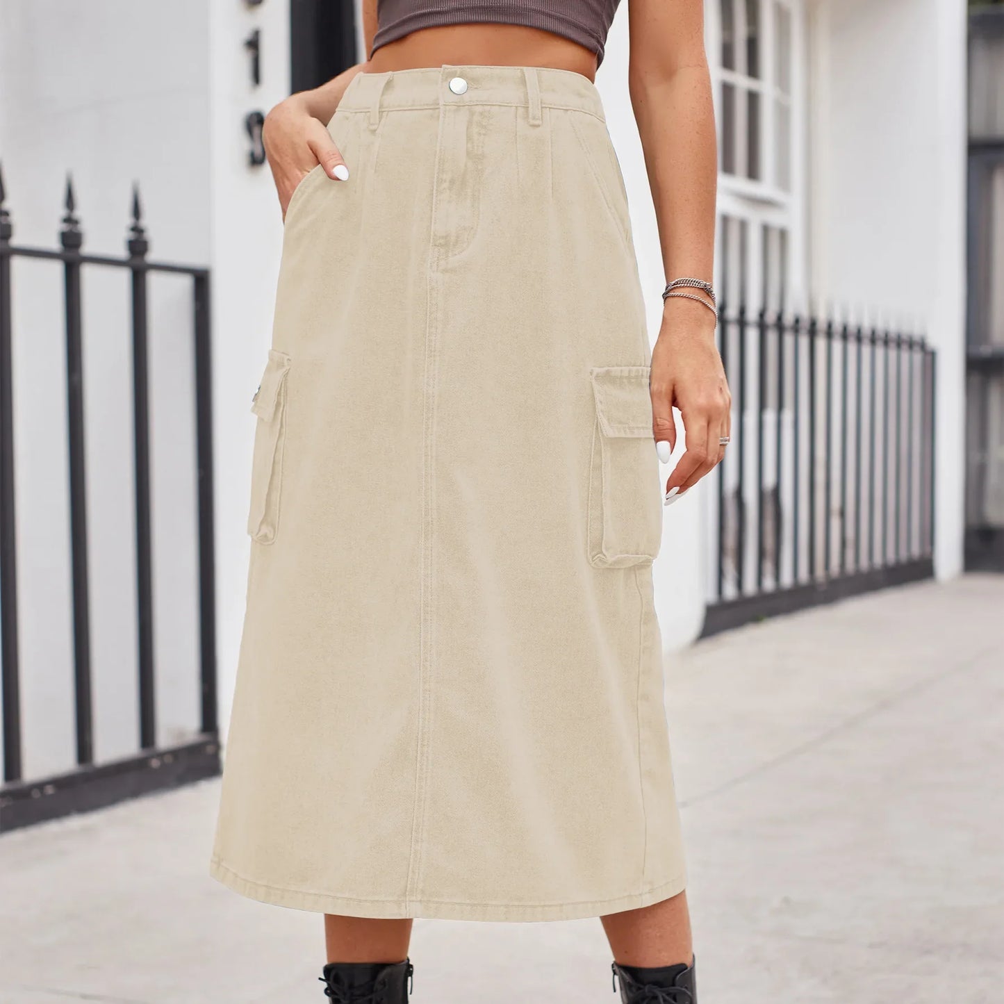 2024 Elegant Long Denim High Waist Button Pockets Split Retro Maxi Skirt