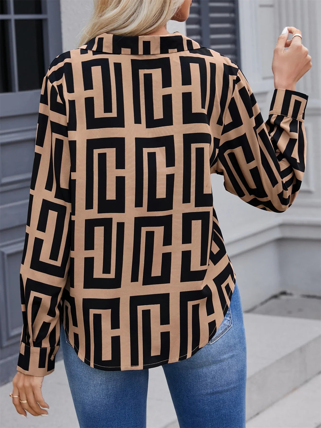 legant Collar Button Suit Printed Geometric Front Long Sleeved Blouse