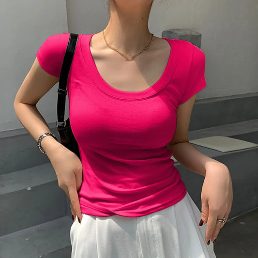 Hot Pink Sheath Short Chic Korean Slim Punk Cropped New T-shirt