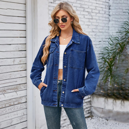 Womens Autumn Spring Oversized Denim Casual Long Distressed Boyfriend Comfy Jacket