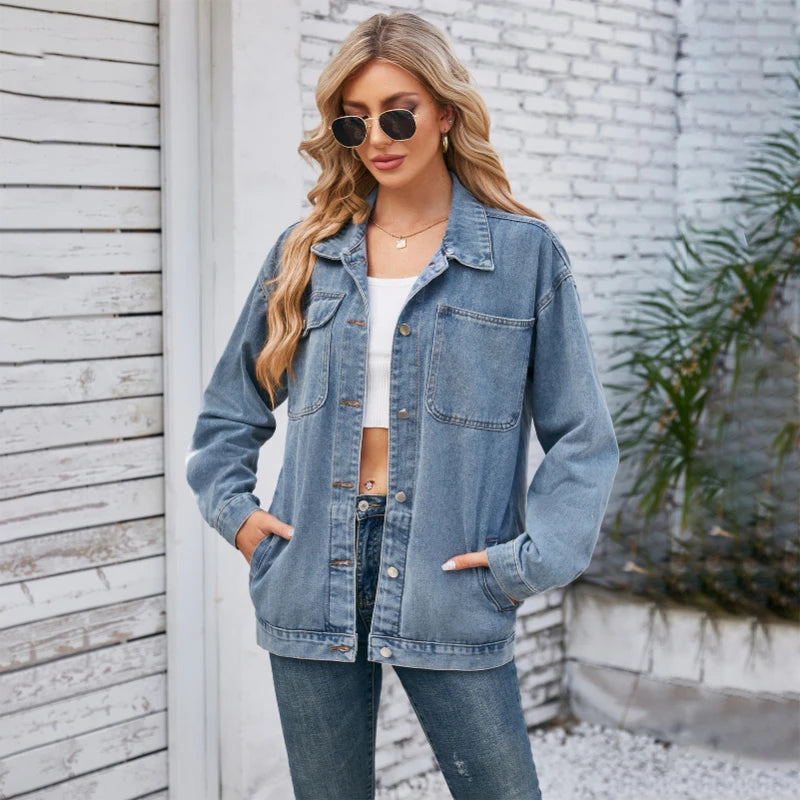 Womens Autumn Spring Oversized Denim Casual Long Distressed Boyfriend Comfy Jacket