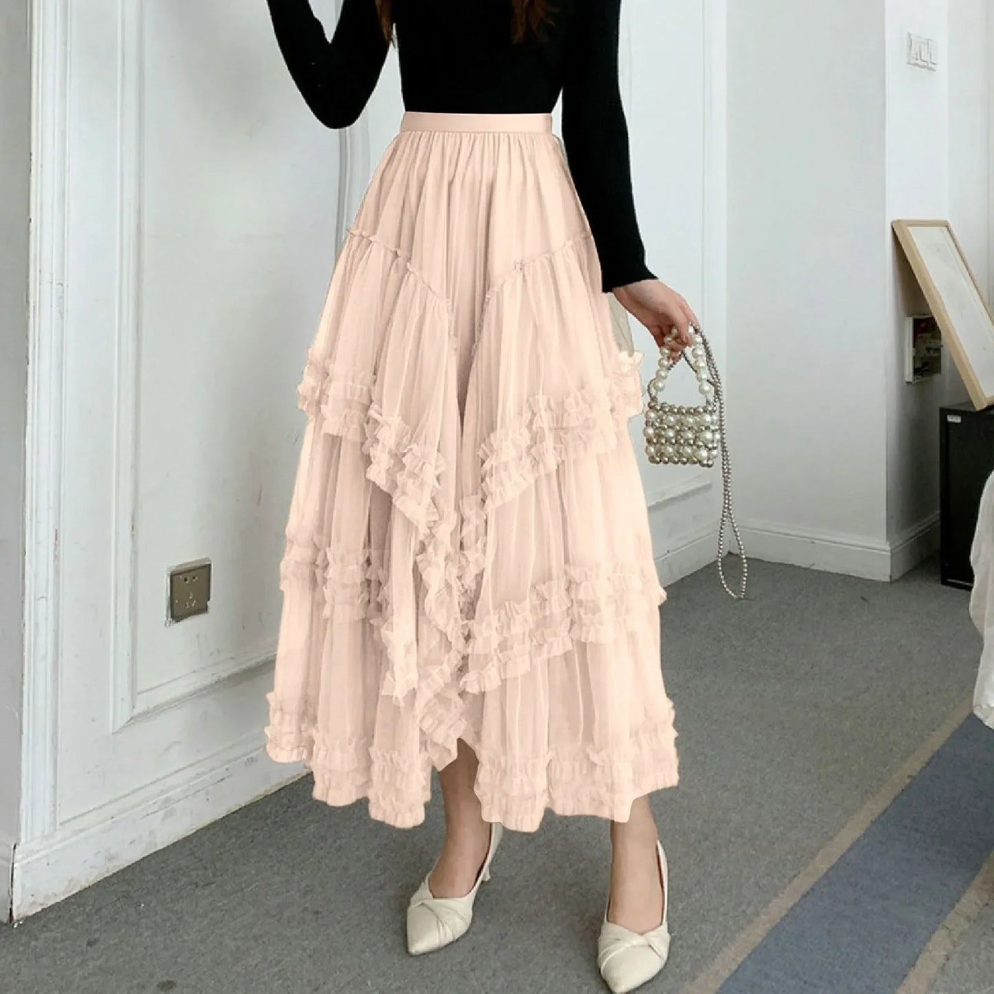 New Long Tulle Skirt Transparent Irregular Ruffles Maxi Carnival Skirt Women's 3 Layers Mesh Spring Skirt