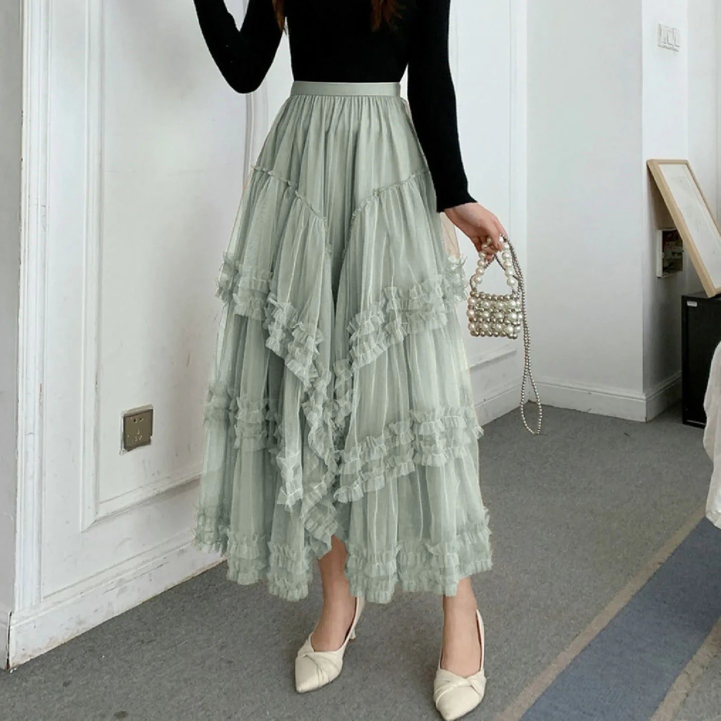 New Long Tulle Skirt Transparent Irregular Ruffles Maxi Carnival Skirt Women's 3 Layers Mesh Spring Skirt