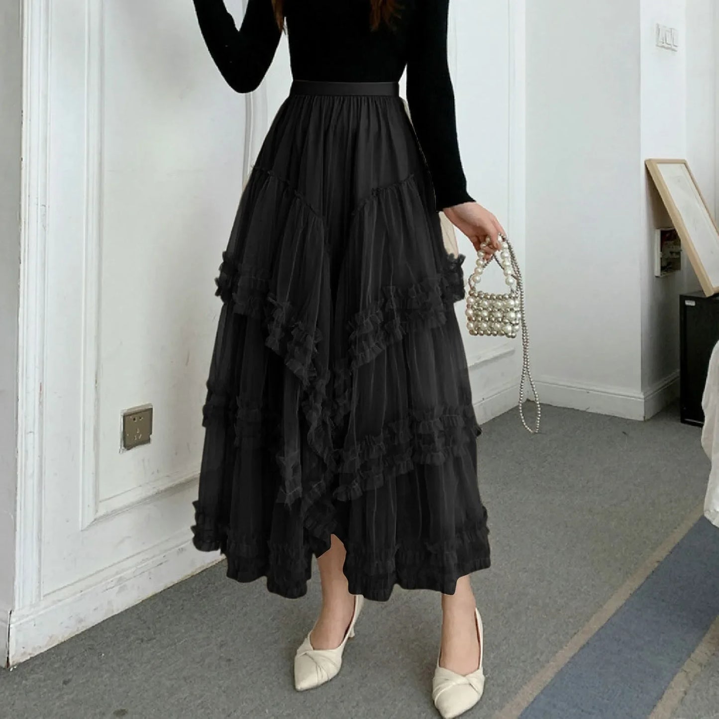 New Long Tulle Skirt Transparent Irregular Ruffles Maxi Carnival Skirt Women's 3 Layers Mesh Spring Skirt