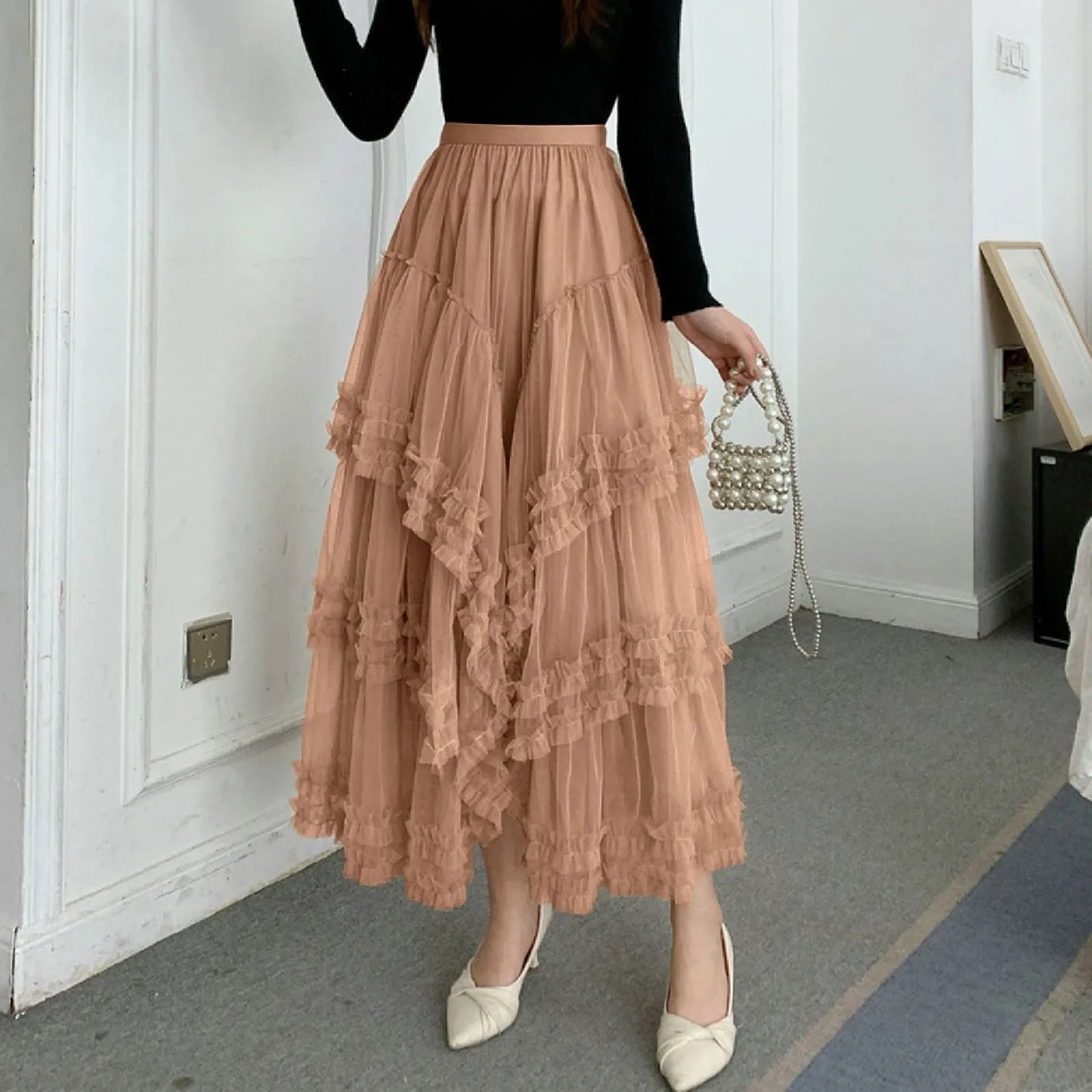 New Long Tulle Skirt Transparent Irregular Ruffles Maxi Carnival Skirt Women's 3 Layers Mesh Spring Skirt