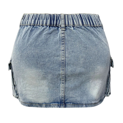 Women Vintage High Waist Fit Bag Hip Female Summer Y2k Street Denim Skirt