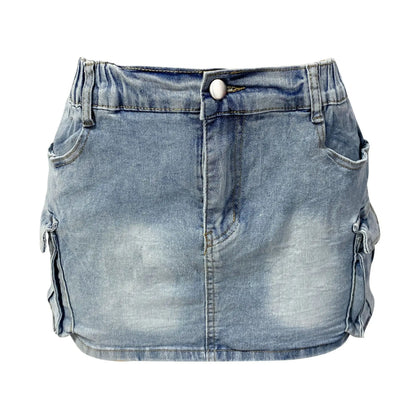 Women Vintage High Waist Fit Bag Hip Female Summer Y2k Street Denim Skirt