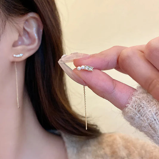 Trendy Long Wire Tassel Thread Chain Climb Pearl Zircon Beads Pendants Drop Women's Rhinestone Accessories 2024 Earring