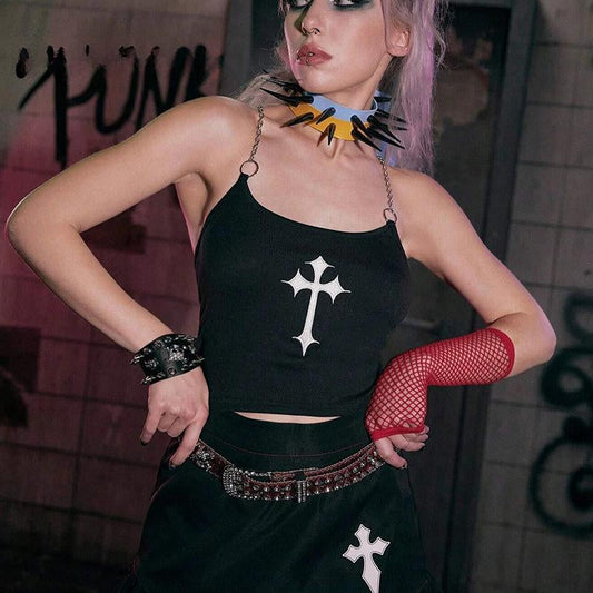 Mysterious Black Print Cross Chain Sexy Black Crop Top