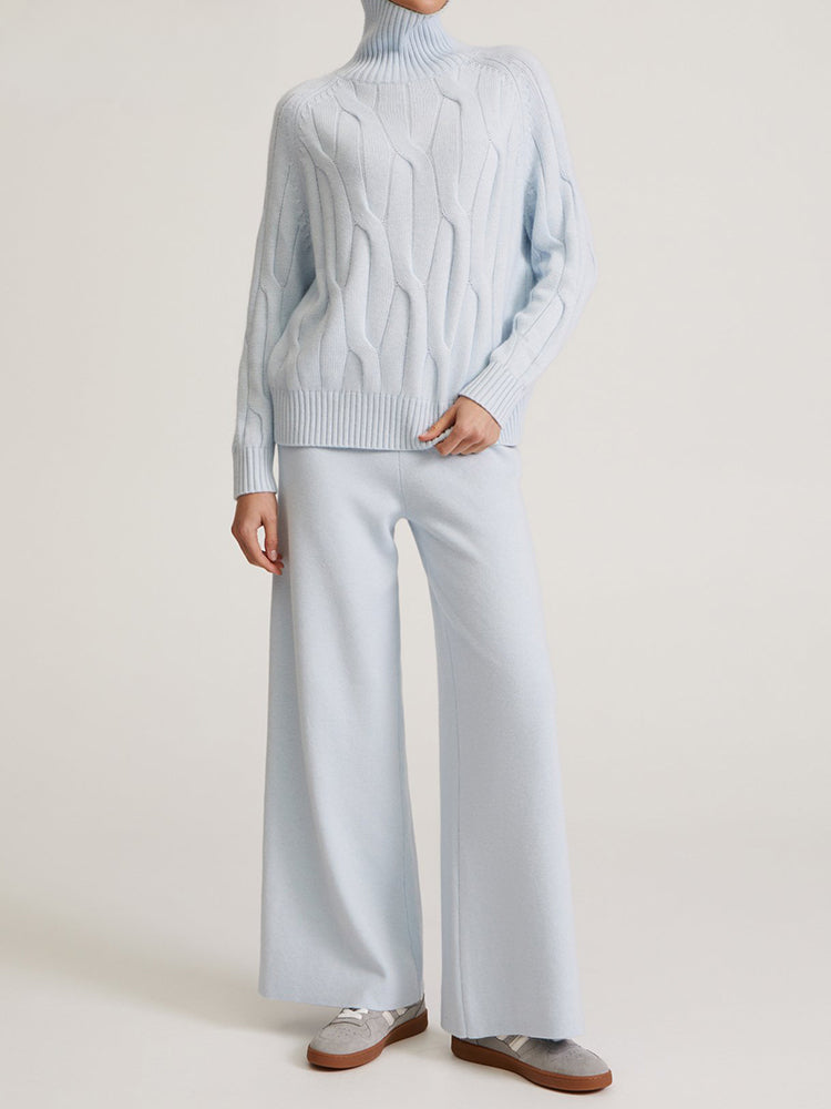 Knitted Winter High Waist Warm Straight Solid Light Blue Basic Wide Leg Pants