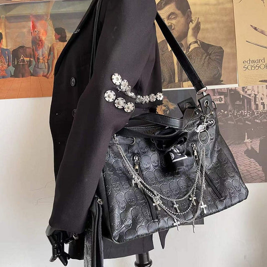 Y2K Skulls Printing Leather Punk Large Gothic Cross Chain Capacity Bag