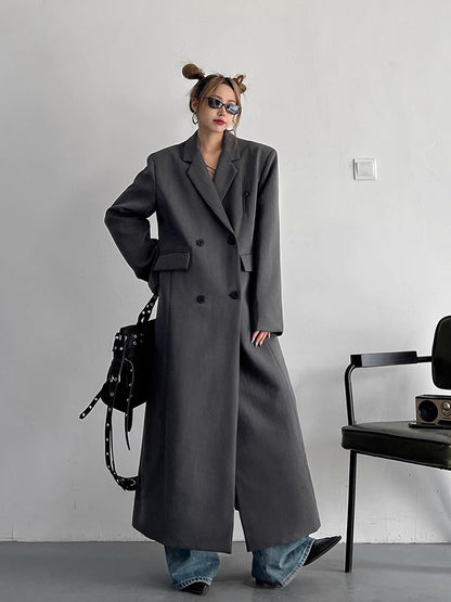 Spring Autumn Long Grey Black Double Breasted Loose Casual Korean Fashion 2024 Stylish Coat