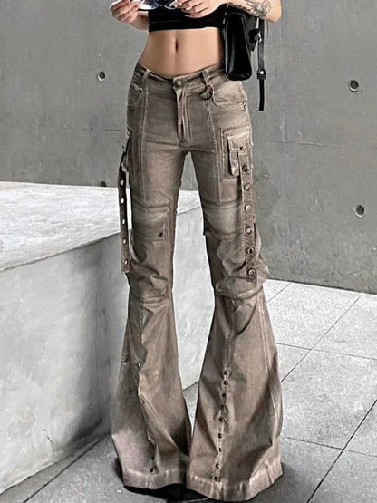 Retro Cargo Flared Jeans Women Pocket Low Waist Denim Pants