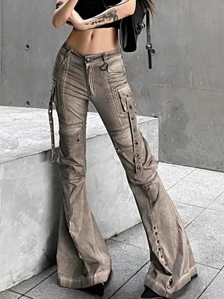 Retro Cargo Flared Jeans Women Pocket Low Waist Denim Pants