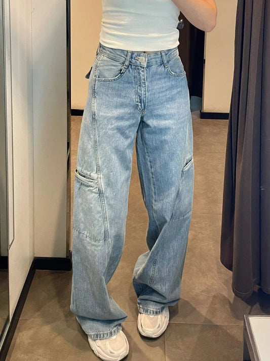 Baggy Cargo Jeans Women Blue Wide Leg High Waist Denim Pants