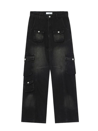 Vintage Baggy Wide Leg Women's Jeans with Straight Fit and Multi-pocket Denim Cargo Design