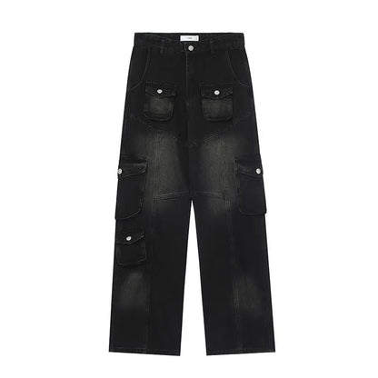 Vintage Baggy Wide Leg Women's Jeans with Straight Fit and Multi-pocket Denim Cargo Design